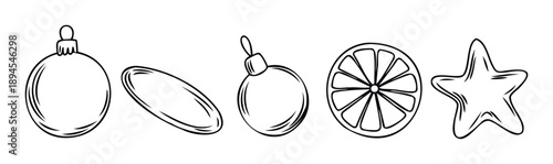 Collection of charming hand drawn Christmas ornaments and festive holiday elements perfect for seasonal greeting cards, winter event decorations, and cozy celebration designs