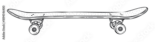 A simple black and white line drawing of a classic skateboard viewed from the side, ideal for extreme sports branding, youth culture apparel, or recreational activity promotions.