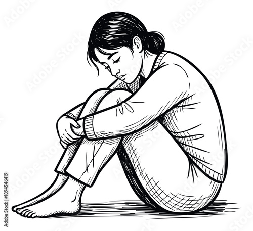 Engraved drawing of an Asian woman sitting with her knees drawn up to her chest and head bowed down conveying deep sadness and contemplation suitable for mental health and wellbeing articles