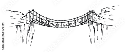 Hand drawn sketch of a rustic wooden rope bridge connecting two rugged cliff formations over a deep canyon, perfect for depicting adventure, challenge, or crossing obstacles in various
