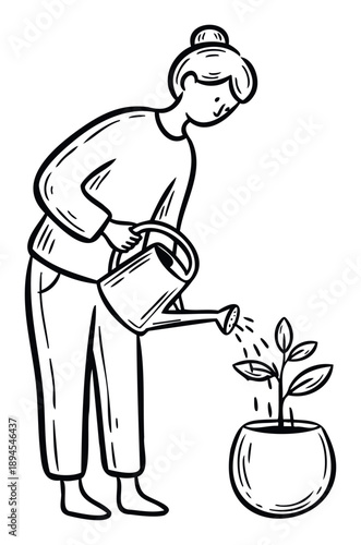 A diligent woman tending to a small potted plant with a watering can, symbolizing care, growth, and hobby gardening suitable for naturethemed projects or instructional graphics.