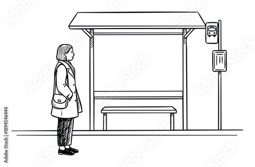 Single female passenger patiently waiting for her bus at a roadside public transport station, useful for conveying travel and city experiences.