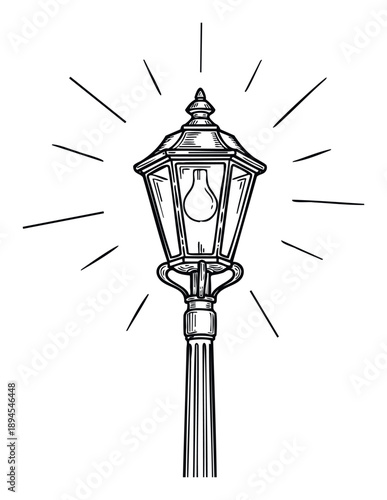 Classic street lamp with glowing light rays illuminating the night, perfect for projects requiring traditional urban lighting or historical and energy related graphic content.