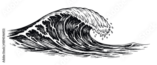 Dynamic hand drawn ocean wave capturing the powerful movement of the sea, perfect for various graphic projects and marinethemed aquatic designs.