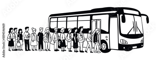 A diverse group of adults queues patiently in a neat line to board a public transit bus, representing organized urban transportation and daily commuting routines.