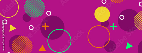 Bright pink magenta backdrop with playful geometric shapes including circles and plus signs in a modern Memphis art style