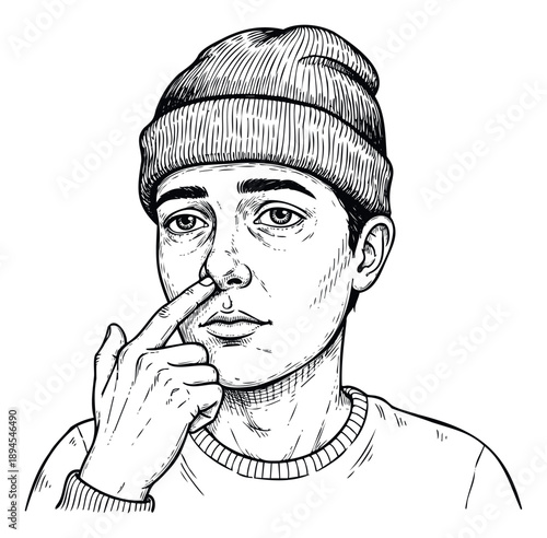 Line drawing portrait of a person wearing a knit beanie touching their nose, suitable for educational materials, casual apparel branding, or introspective graphic novel scenes