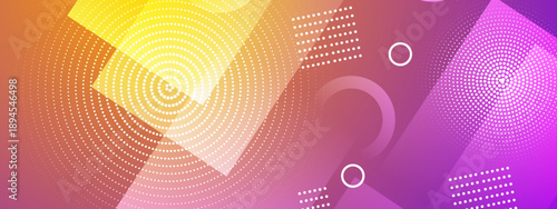 High tech abstract background with purple and orange color transitions decorated with geometric squares and circle dots