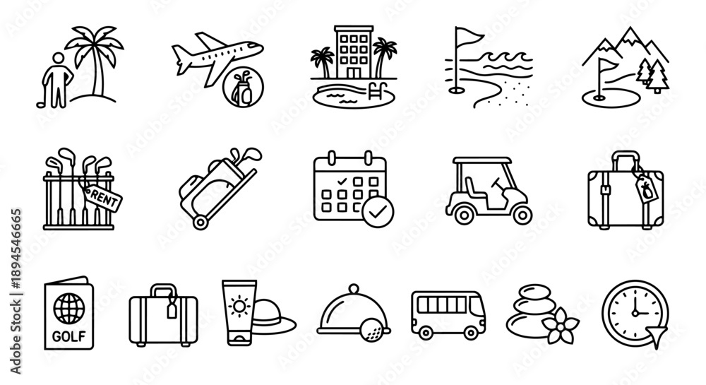Fototapeta premium Golf travel and vacation outline icon set with resort, airplane and luggage