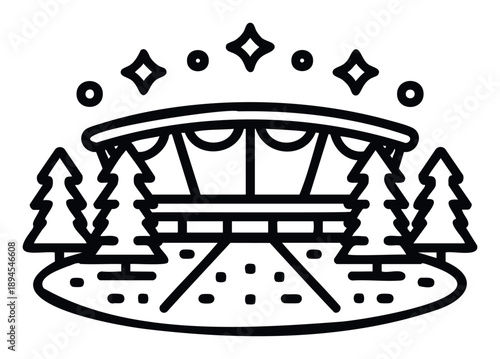 Outline vector depicting a festive winter stadium with pine trees and twinkling lights, perfect for seasonal event promotions, sport tournament graphics, or holiday entertainment