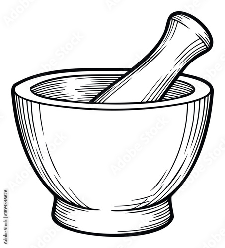 Classic kitchen utensil featuring a mortar and pestle essential for grinding spices and herbs perfect for culinary, pharmaceutical, or traditional remedy themed projects