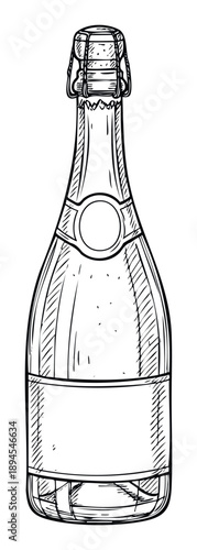 Hand drawn sketch of a classic champagne bottle with a secured cork and wire cage ready for elegant beverage industry promotions or celebration themed event invitations and menus