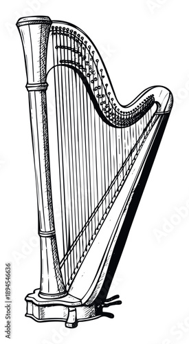 Elegant classical harp musical instrument depicted in a detailed black and white graphic drawing for use in music education materials concert promotions or orchestral performance themed