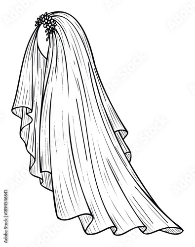 Graceful bridal wedding veil with intricate floral headpiece, designed for sophisticated wedding invitations, romantic event planning materials, and timeless fashion publications.