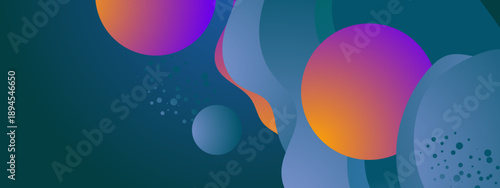 Deep teal and blue abstract background with organic fluid wave shapes and bright glowing orange gradient spheres