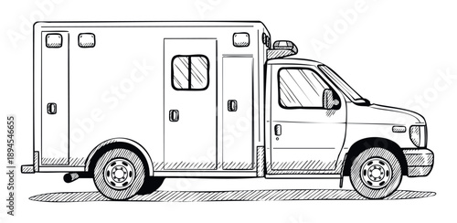 Hand drawn sketch of a side view ambulance vehicle used for emergency medical services suitable for educational materials, health communication, and graphic design projects.