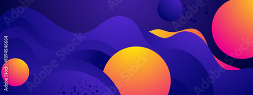 Dreamy space inspired background with dark purple fluid waves and glowing orange yellow planetary spheres