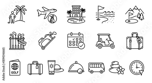 Golf instruction and etiquette line icon set with player, swing, and rules