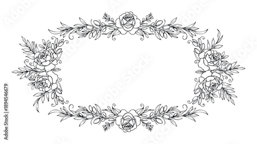 A delicate handdrawn black outline floral frame with elegant rose blossoms and intricate leafy branches provides a beautiful decorative border for wedding invitations, greeting cards, or