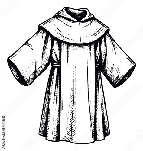 Traditional monastic robe featuring a deep hood and flowing fabric rendered in an antique pen and ink sketch perfect for spiritual or vintage apparel concepts.
