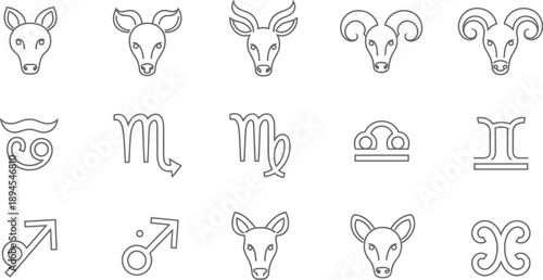 Collection of simple black outline icons representing all twelve zodiac signs and their corresponding astrological symbols for mystical concepts