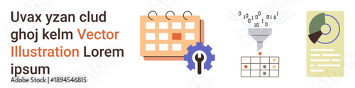 Project planning, data analysis, process optimization, tech tools, information workflow, business analytics. Calendar, funnel filtering numbers gear icon and data chart. Project planning and data