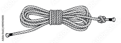 Sturdy coiled rope with a secure knot, handdrawn in a vintage style, perfect for packaging, labels, logos, or any graphic projects requiring a strong, textured cord.