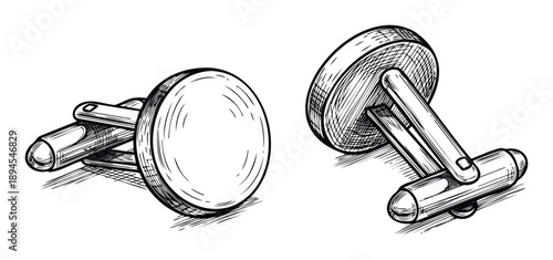 Stylish engraved cufflinks in a vintage hand drawn technique perfect for menswear product displays or formal attire publications showing elegant fashion accessories.