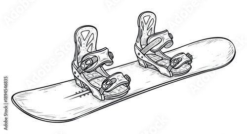 High quality hand drawn sketch of a modern snowboard with bindings securely attached, perfect for winter sports marketing materials, outdoor adventure blogs, and snowboarding equipment
