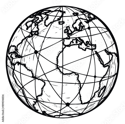 Rough sketch world map with connected nodes symbolizing global network communication internet data exchange or worldwide business connections perfect for technology and logistics