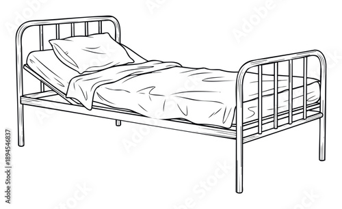 Black and white line drawing depicting a simple empty metal bed with a mattress, pillow, and blanket, useful for healthcare, hospitality, or historical themed projects.