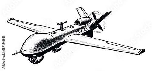 Detailed sketch of an advanced military drone with a propeller and camera system, ideal for illustrating modern aerial surveillance technology and defense applications