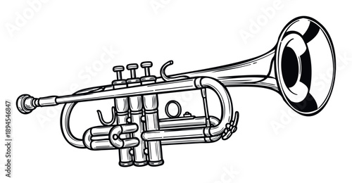 Monochrome line art drawing of a trumpet musical instrument, suitable for various educational materials, music event promotions, or graphic design projects.