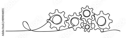 Continuous single line drawing of interconnected gears symbolizing teamwork and engineering processes, ideal for technology presentations or conceptual business visuals