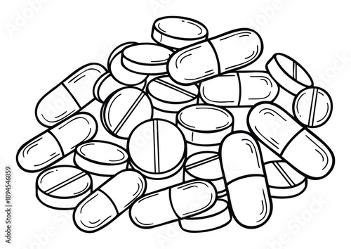 A pile of various pharmaceutical pills and capsules, including round tablets and elongated caplets, for healthcare, wellness, and medical treatment applications.