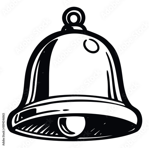 A classic black and white ringing bell symbol with a vintage hand drawn aesthetic perfect for notification alerts or traditional holiday and celebration graphic resources.