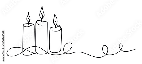 Elegant single line artwork depicting three burning candles with a flowing ribbon accent, perfect for spiritual content, greeting cards, or minimalist decoration.