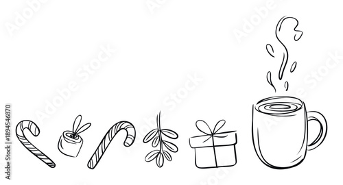 Simple hand drawn line art of candy canes mistletoe and a steaming mug of hot beverage for holiday season greeting cards and festive winter promotions