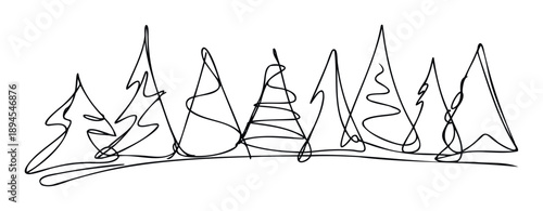 Continuous line drawing of abstract pine trees forming a stylized forest landscape perfect for winter holiday greeting cards, seasonal promotions, or naturethemed graphic projects.