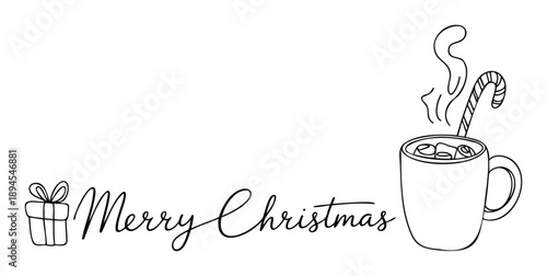 Festive holiday greeting featuring a beautifully handdrawn gift box, elegant Merry Christmas text, and a cozy mug with candy cane and steaming marshmallows perfect for winter season