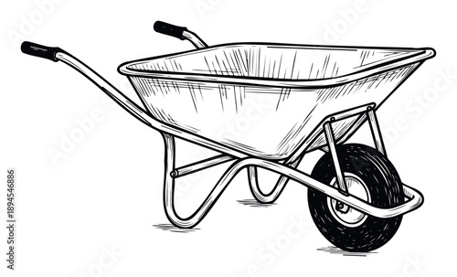 Engraved wheelbarrow black and white graphic for garden and construction projects, ideal for agricultural equipment catalogs or DIY instructional materials