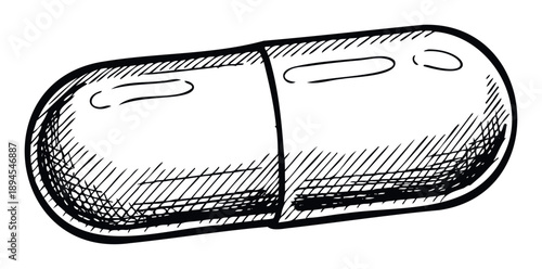 Hand drawn single capsule or pill medication for health and wellness industries, suitable for pharmacy advertisements, medical presentations, and healthcare educational content