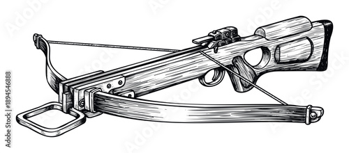 Detailed woodcut style depiction of a historical crossbow weapon, perfect for antique arms collectors, medieval history publications, outdoor sports enthusiast content, or weaponry themed
