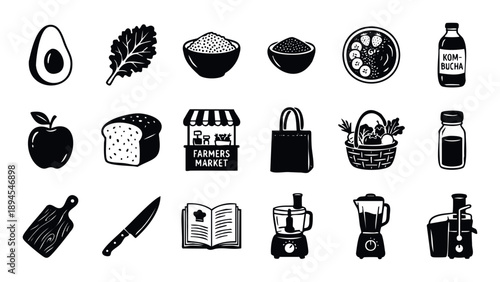 Collection of essential black icons representing healthy food, organic produce, kitchen tools, and cooking ingredients for modern lifestyle blogs and recipe applications.