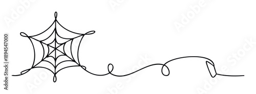 Simple one line art spiderweb connected to a flowing thread for Halloween holiday decorations, spooky party themes, and seasonal greeting designs