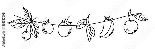 Minimalist black outline doodle of various fresh fruits and vegetables strung on a horizontal line perfect for healthy eating promotion or simple kitchen decor