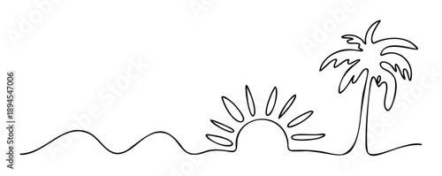 Simple continuous line graphic depicting a vibrant tropical sunset or sunrise over ocean waves with an exotic palm tree suitable for holiday promotions or website headers.
