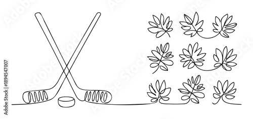 Minimalist continuous line drawing featuring crossed hockey sticks and a puck alongside elegant flowing foliage for modern sports branding or natureinspired graphic media.