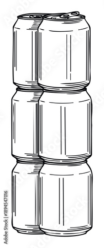 Stacked beverage cans rendered in a clean line drawing style, perfect for illustrating various drink products or packaging concepts for consumer goods projects.