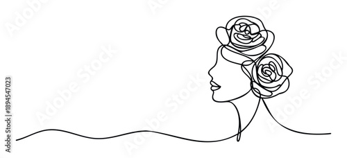 Elegant continuous line drawing of a womans profile adorned with abstract roses in her hair creating a sophisticated visual for beauty and fashion concepts.